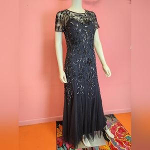 Adrianna Papell Godet Gown Beaded Floral in Dark Midnight Blue